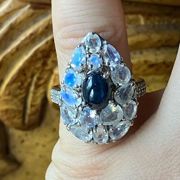 Natural Star Sapphire Rainbow Moonstone Sterling Silver Ring Size 5 - Picture 2 of 10